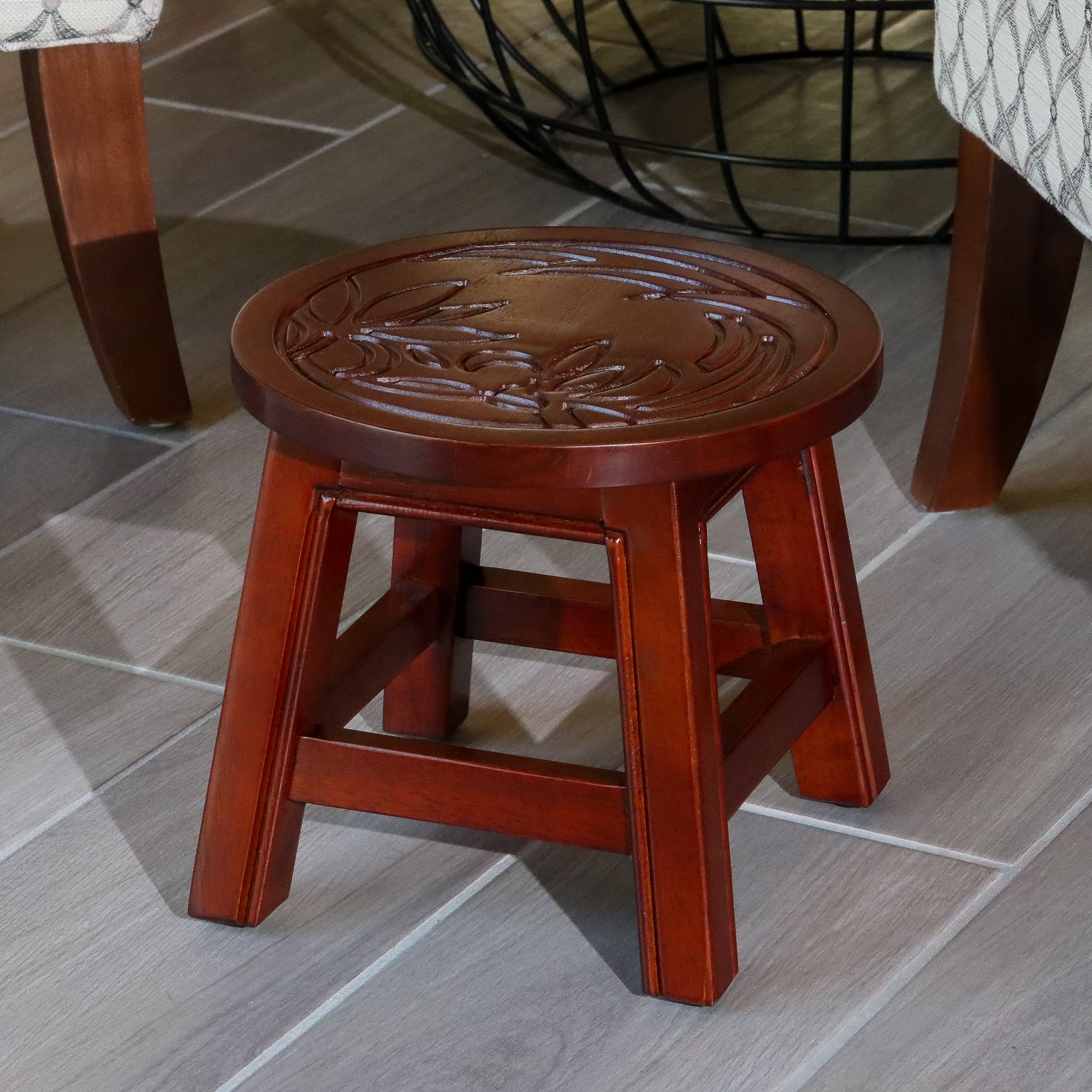 Carved Wooden Step Stool, Floral, Cherry - Tuesday Morning - Table & Bar Stools