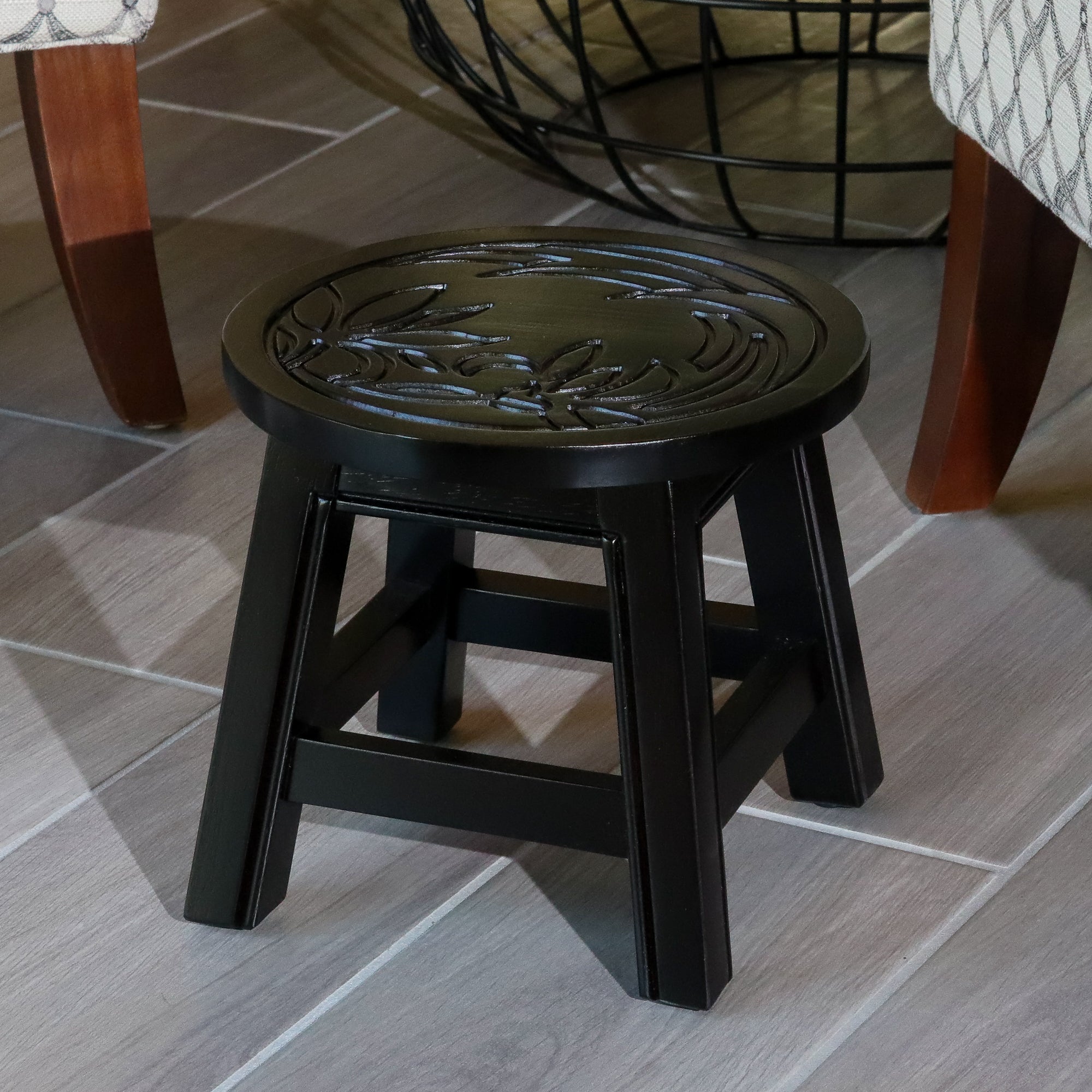 Carved Wooden Step Stool, Floral, Espresso - Tuesday Morning - Table & Bar Stools