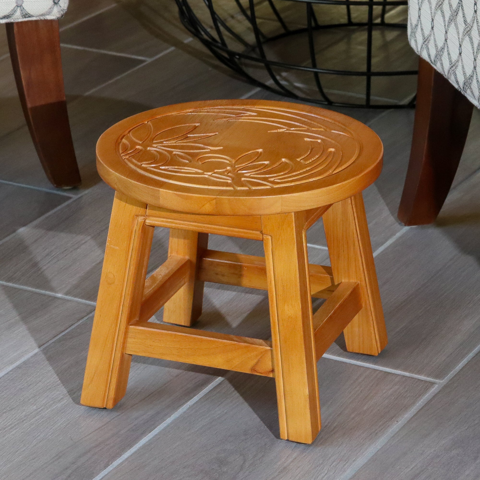 Carved Wooden Step Stool, Floral, Natural - Tuesday Morning - Table & Bar Stools