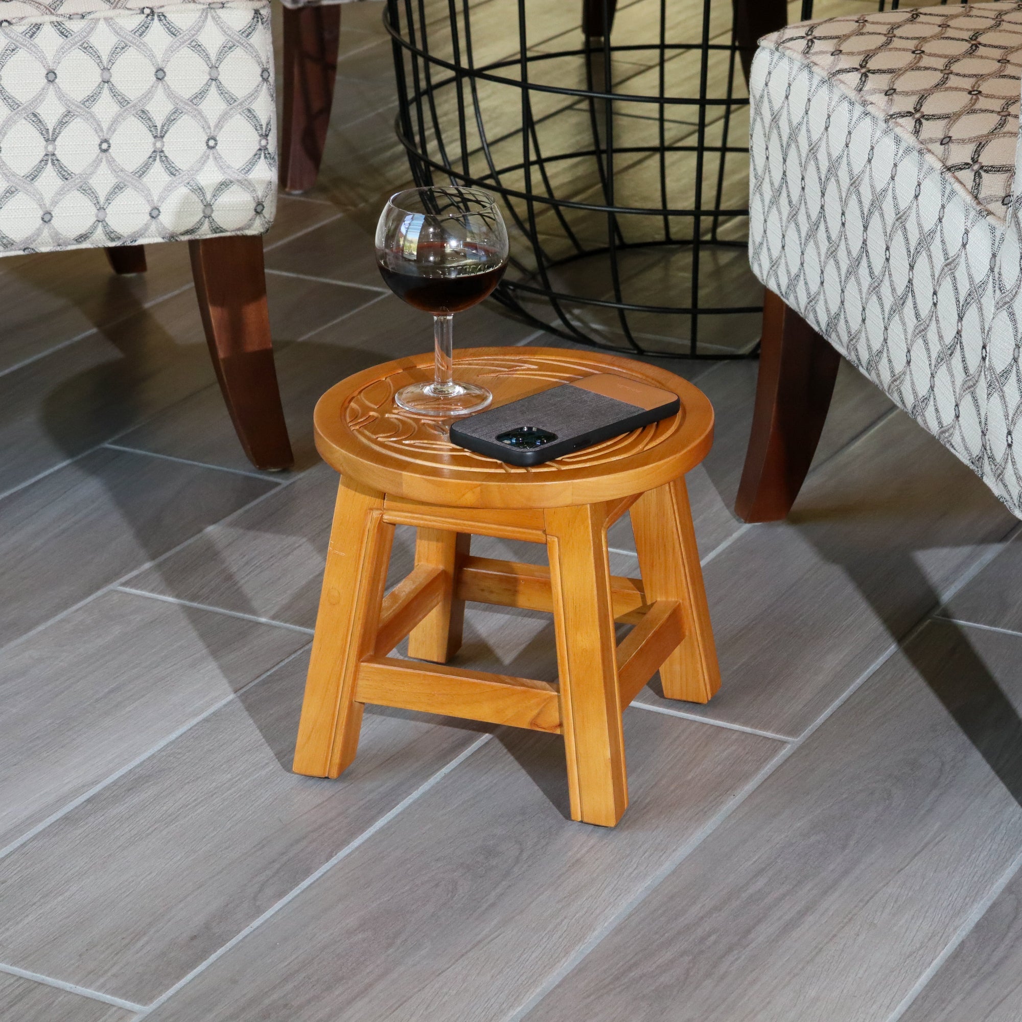 Carved Wooden Step Stool, Floral, Natural - Tuesday Morning - Table & Bar Stools