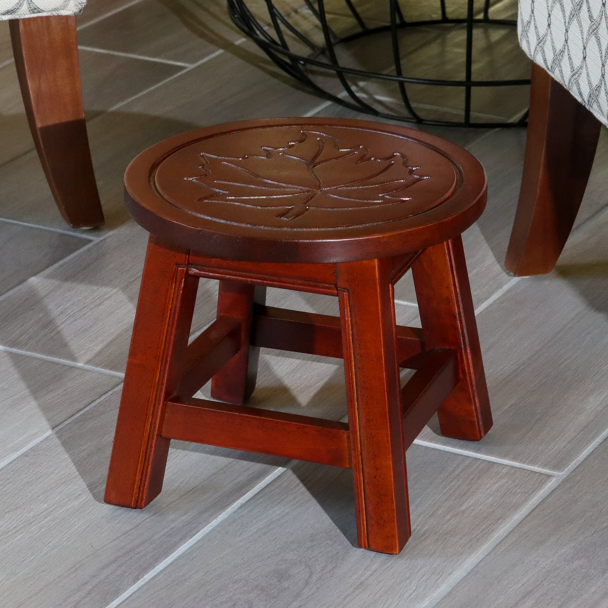 Carved Wooden Step Stool, Maple Leaf, Cherry - Tuesday Morning - Table & Bar Stools