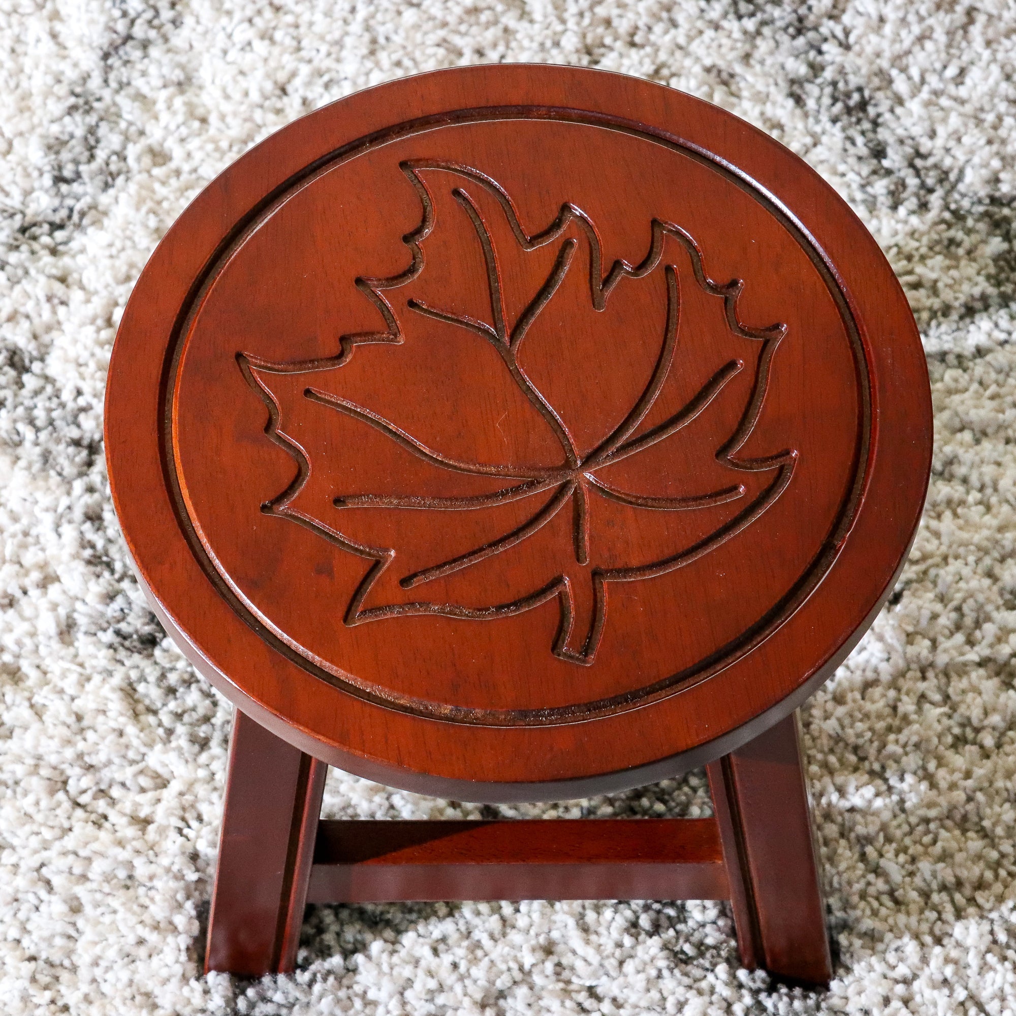 Carved Wooden Step Stool, Maple Leaf, Cherry - Tuesday Morning - Table & Bar Stools