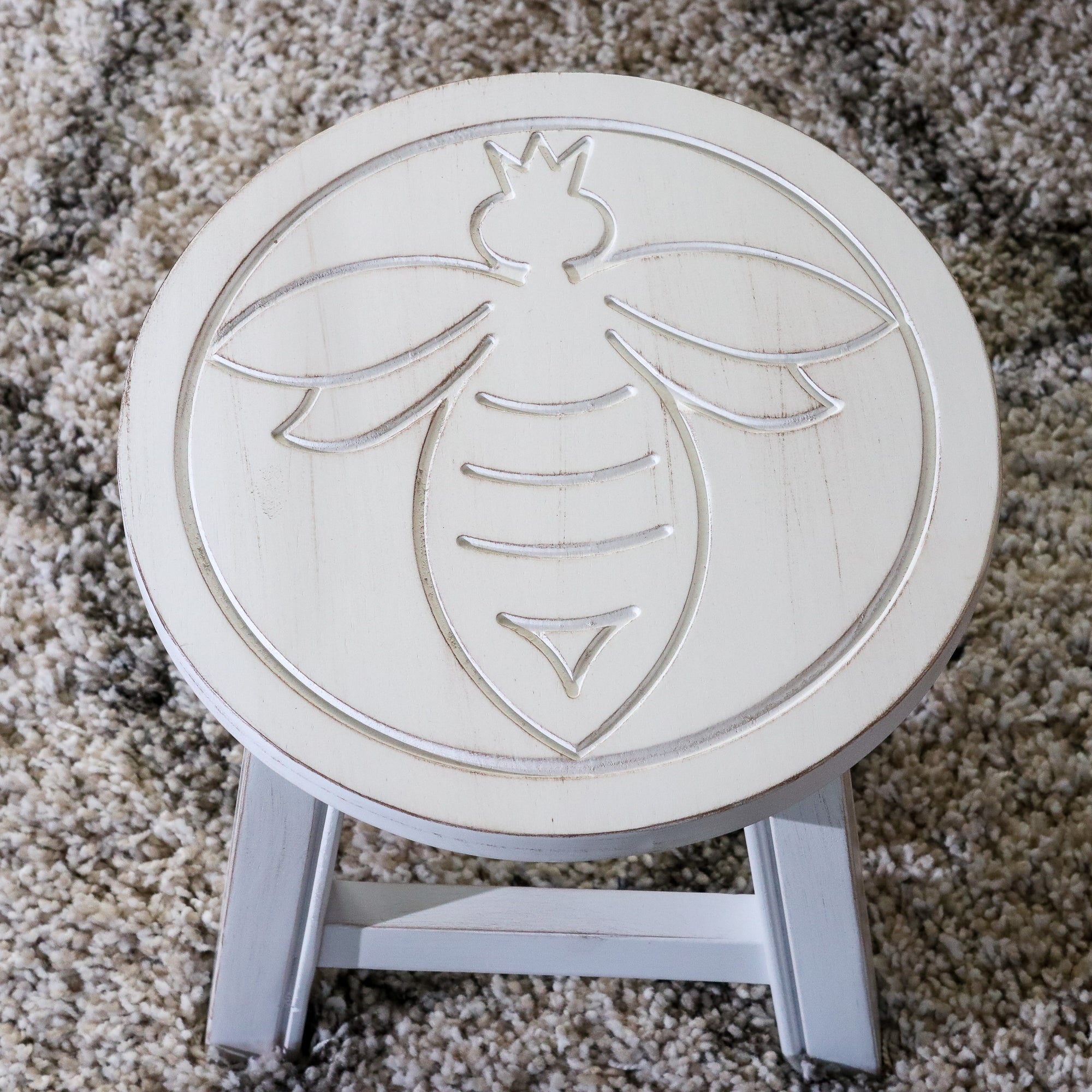 Carved Wooden Step Stool, Queen Bee, Antique White - Tuesday Morning - Table & Bar Stools