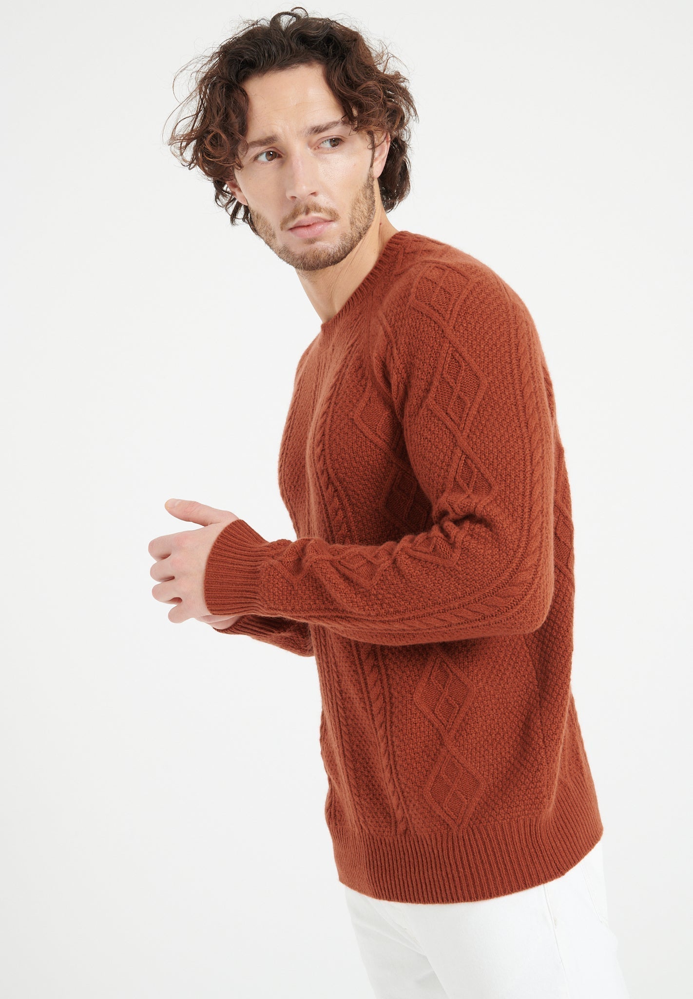 Cashmere 6 - thread - count terracotta cable - knit round - neck sweater - Tuesday Morning - Sweaters & Hoodies