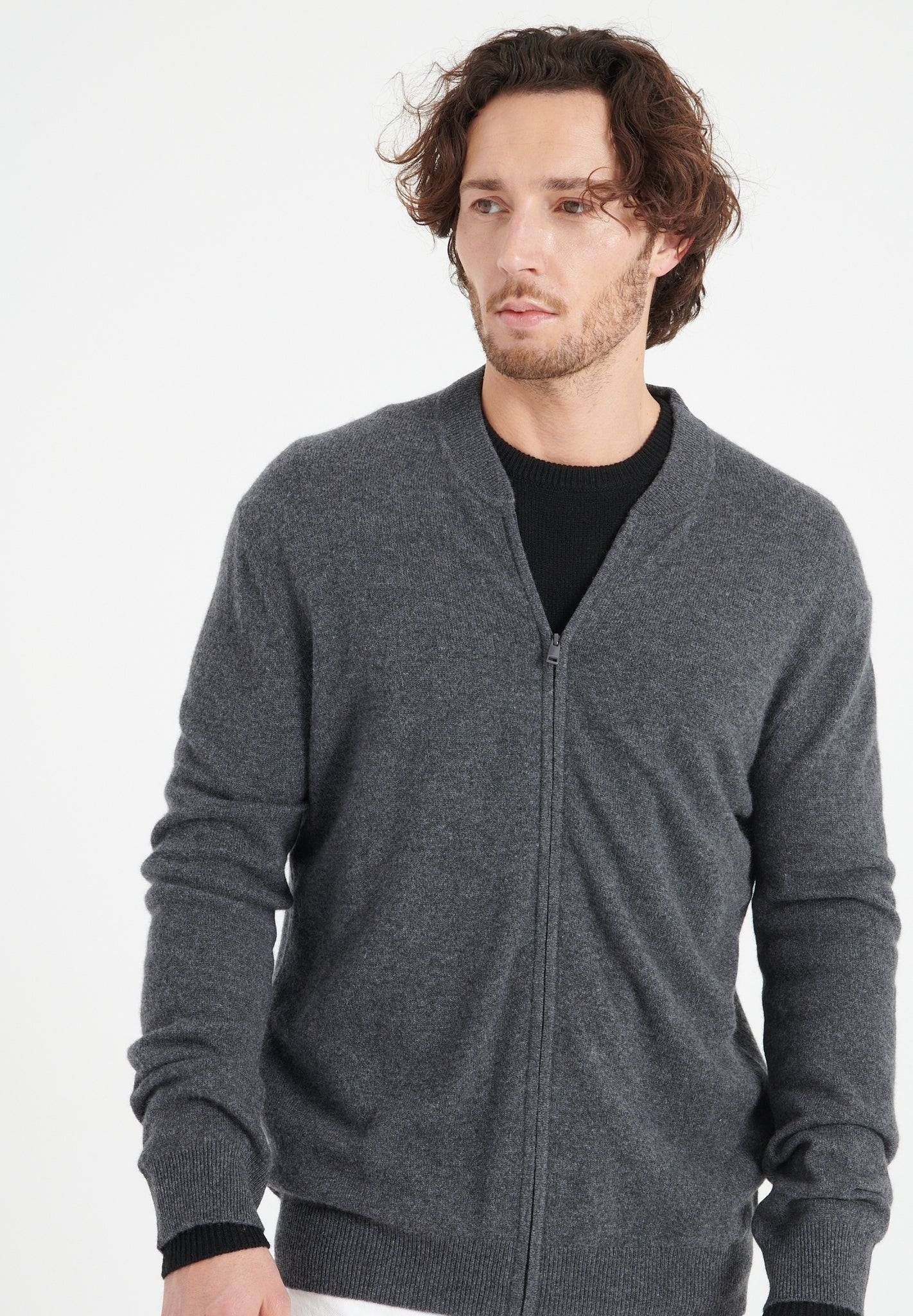 Cashmere bomber neck cardigan in anthracite grey - Tuesday Morning - Sweaters & Hoodies