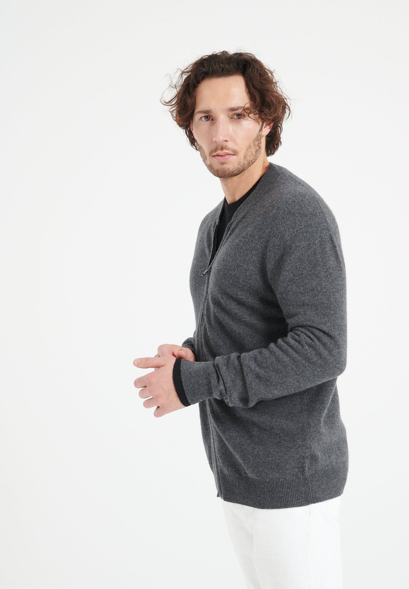 Cashmere bomber neck cardigan in anthracite grey - Tuesday Morning - Sweaters & Hoodies