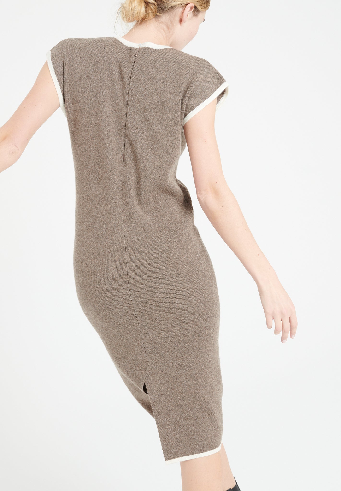 Cashmere V - neck midi dress in taupe milano knit - Tuesday Morning - Dresses