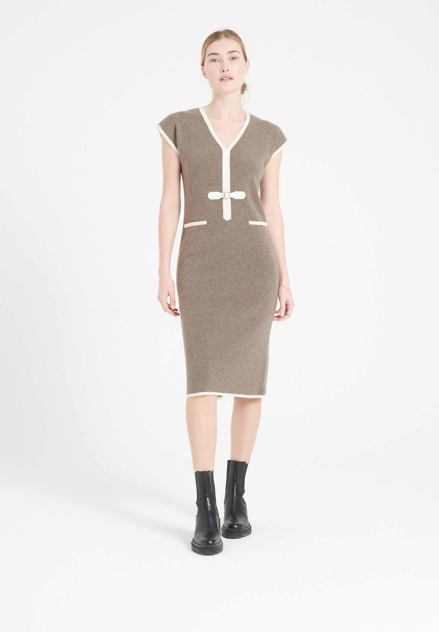 Cashmere V - neck midi dress in taupe milano knit - Tuesday Morning - Dresses