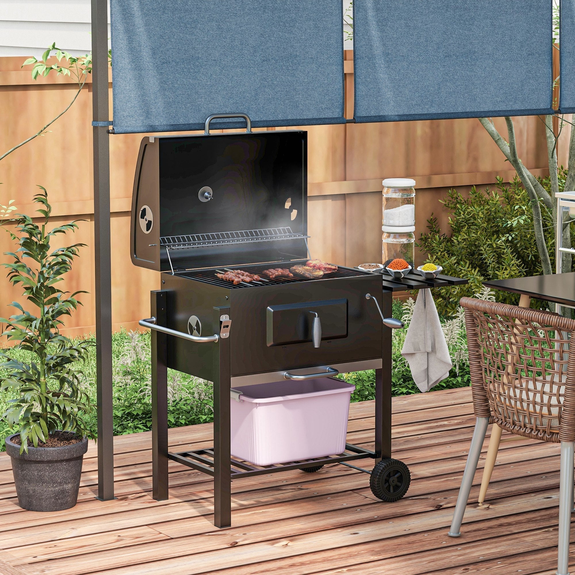 Charcoal BBQ Grill, Outdoor Portable Cooker with Side Table, Bottom Storage Shelf, Wheels and Handle, Black - Tuesday Morning - Fire Pits