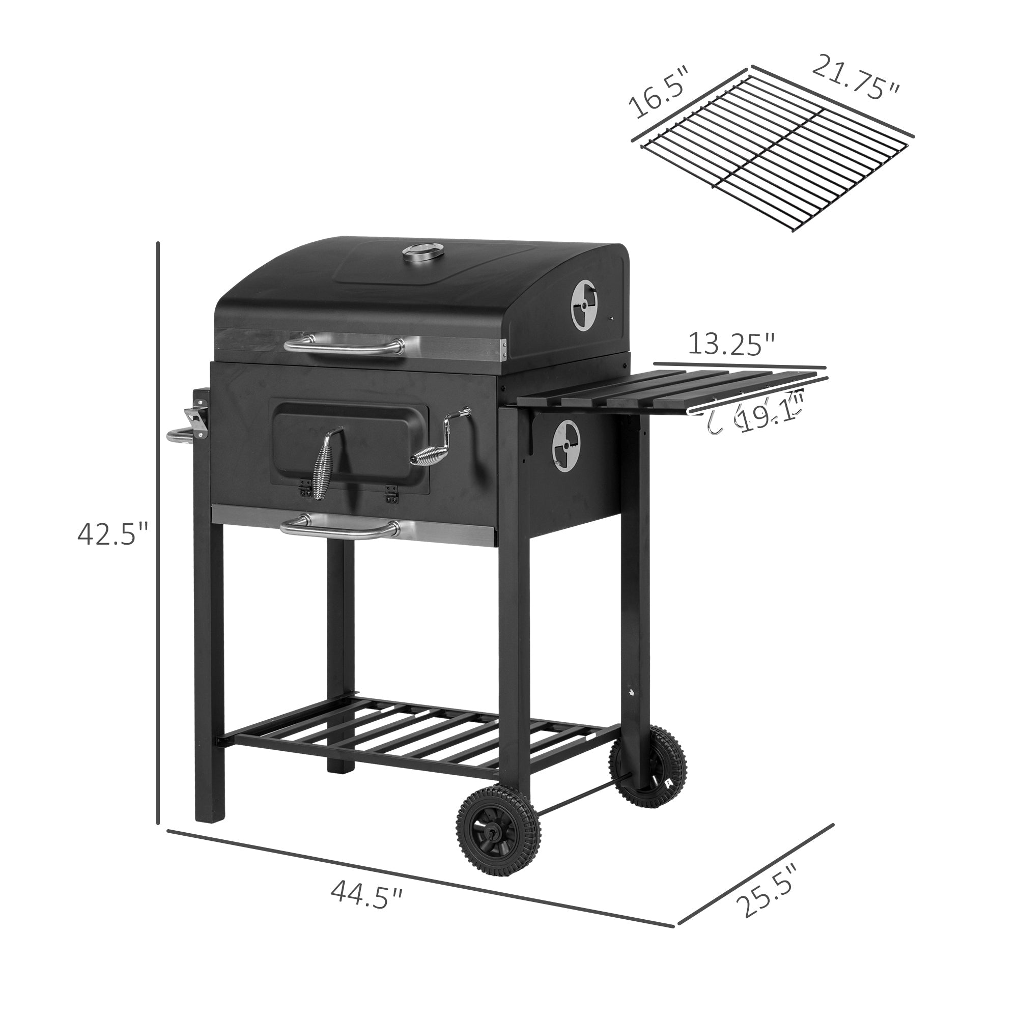 Charcoal BBQ Grill, Outdoor Portable Cooker with Side Table, Bottom Storage Shelf, Wheels and Handle, Black - Tuesday Morning - Fire Pits