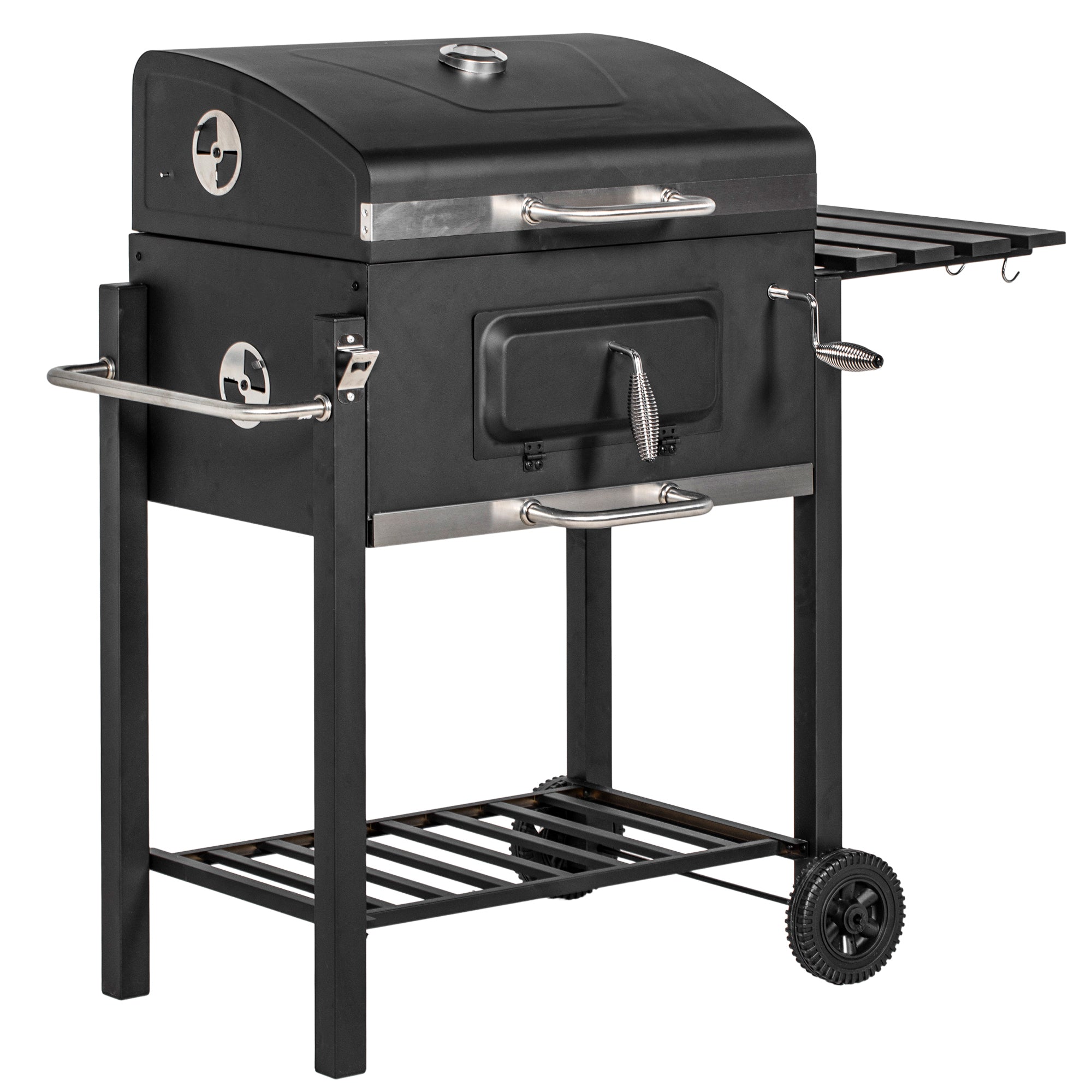 Charcoal BBQ Grill, Outdoor Portable Cooker with Side Table, Bottom Storage Shelf, Wheels and Handle, Black - Tuesday Morning - Fire Pits