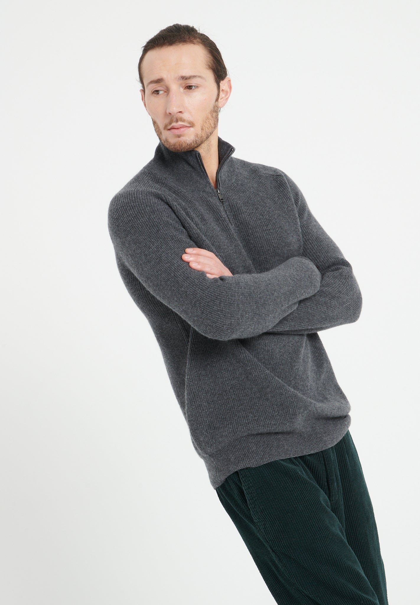 Charcoal grey cashmere zip - up funnel - neck sweater - Tuesday Morning - Sweaters & Hoodies