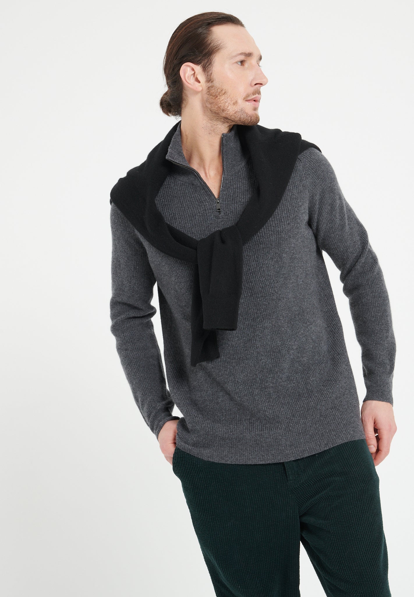 Charcoal grey cashmere zip - up funnel - neck sweater - Tuesday Morning - Sweaters & Hoodies