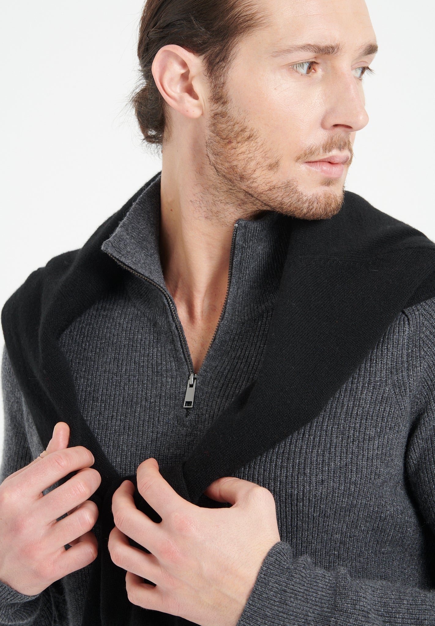 Charcoal grey cashmere zip - up funnel - neck sweater - Tuesday Morning - Sweaters & Hoodies