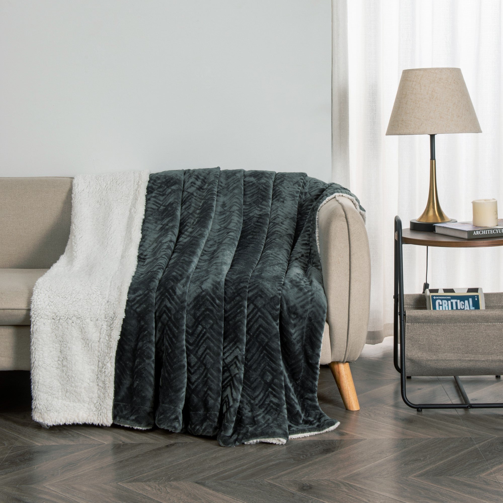 Charcoal Velvet Plush Fleece Sherpa Reversible Throw Blanket - Tuesday Morning - Throw Blankets