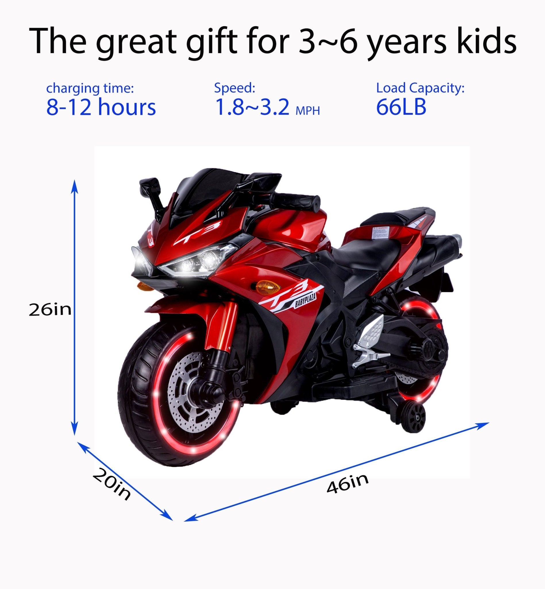 Children's 12V motorcycle for kids 3 - 6 years Boys Girls with Training Wheels/manual throttle/ drive by hand /Lightning wheels - Tuesday Morning - Riding Toys