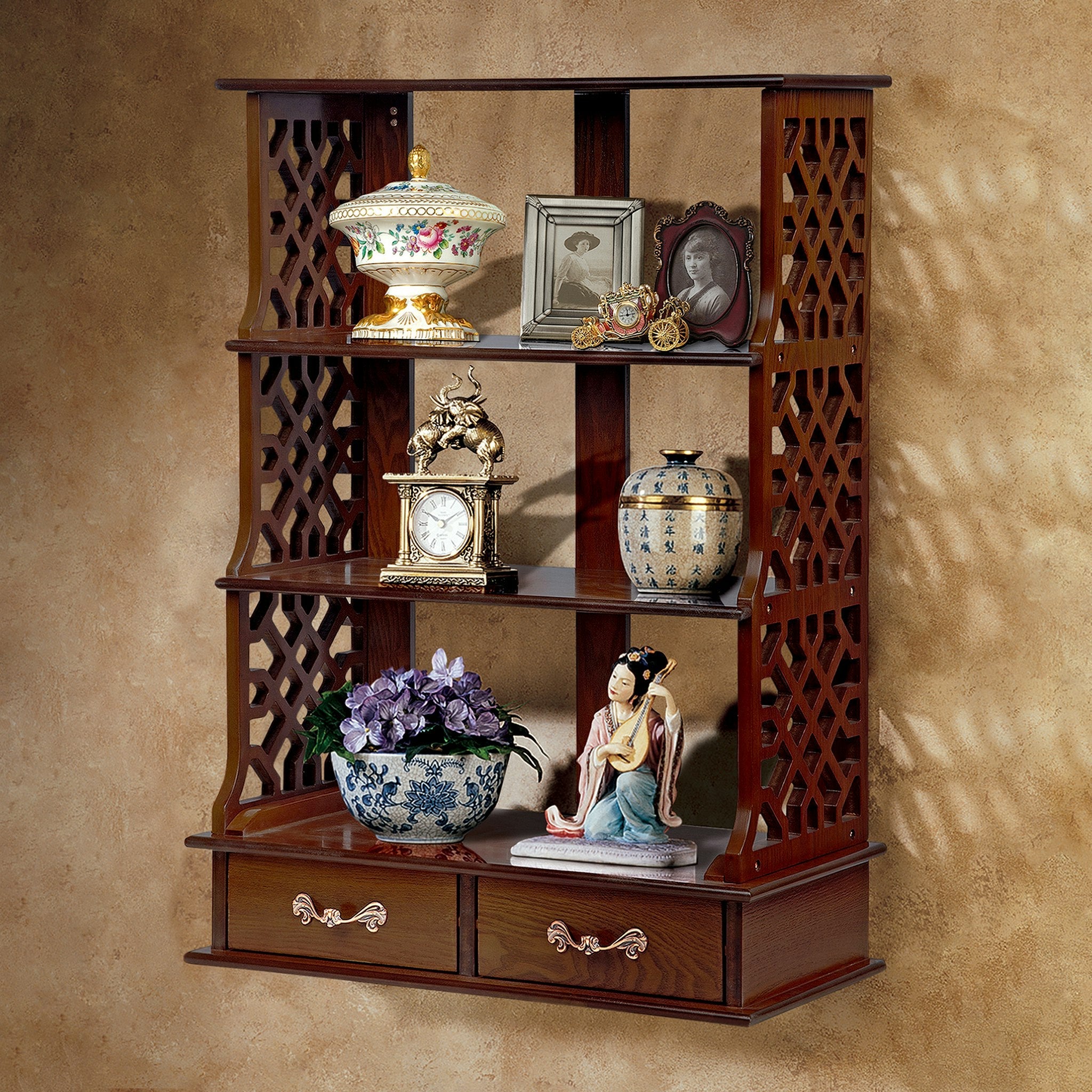 Chinese Chippendale - Style Triple Shelf Hardwood Curio - Tuesday Morning - Wall Shelves