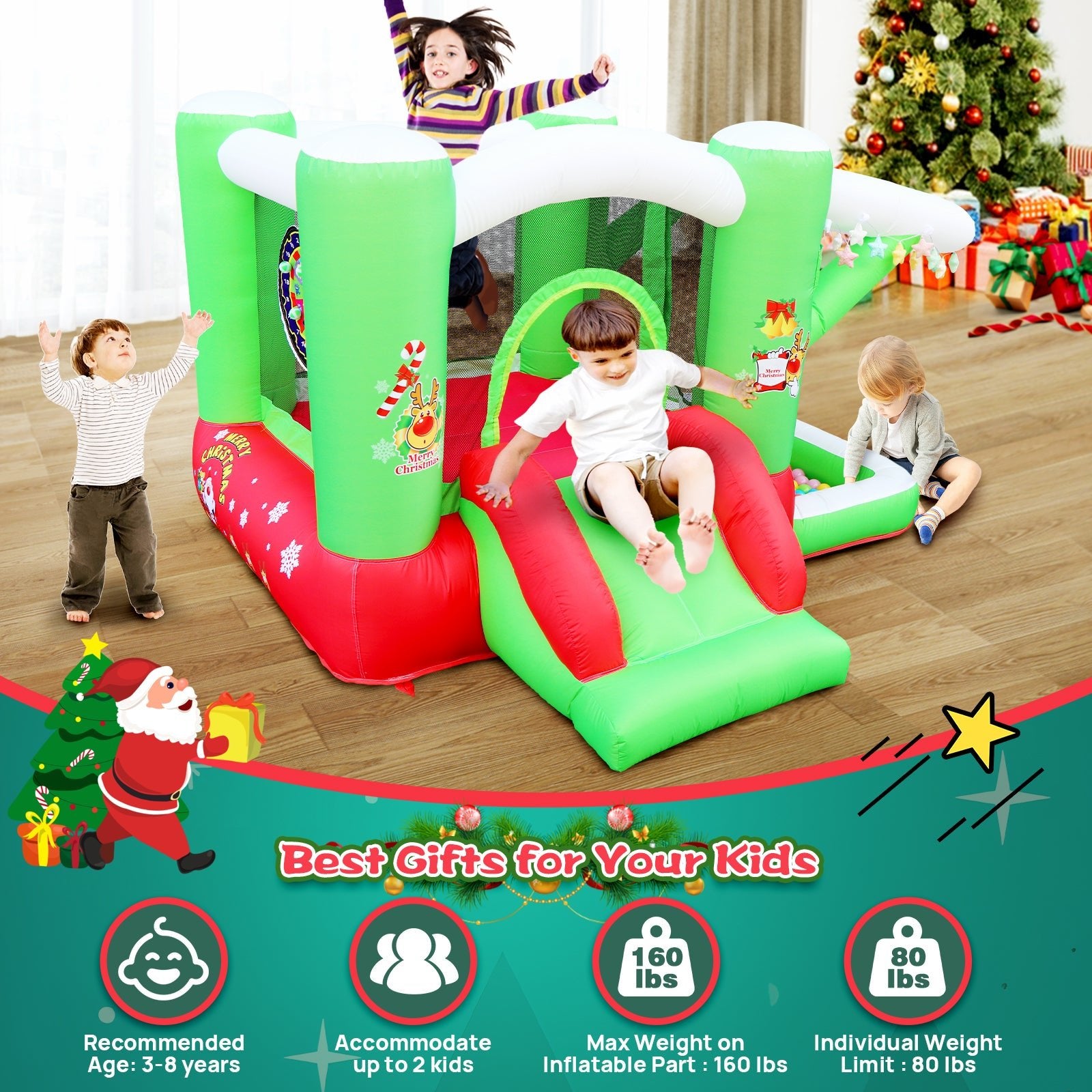 Christmas Jump 'n Slide Inflatable Bouncer for Kids Complete Setup with Blower - 80