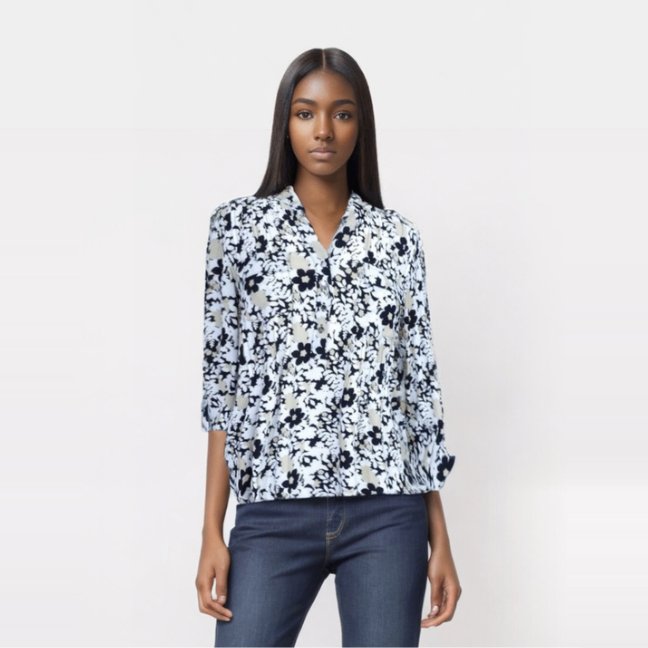 Cocomo Black and White Floral Popover with Pleats - Tuesday Morning - Shirts & Blouses