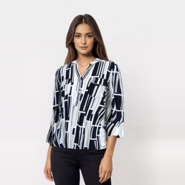 Cocomo Black and White Geometirc Popover With Pleats - Tuesday Morning - Shirts & Blouses