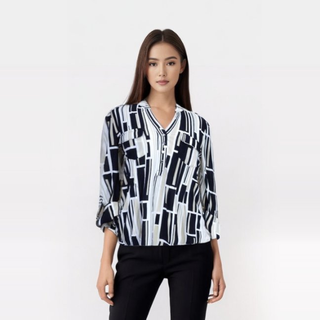 Cocomo Black and White Geometirc Popover With Pleats - Tuesday Morning - Shirts & Blouses