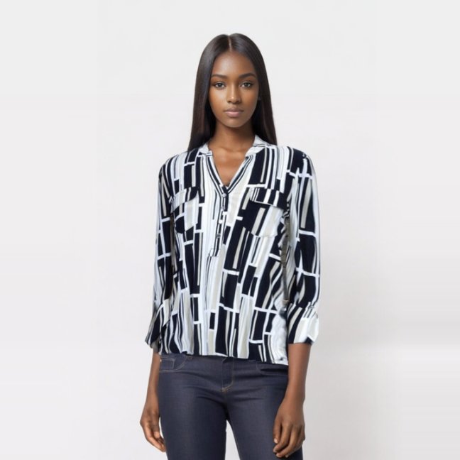 Cocomo Black and White Geometirc Popover With Pleats - Tuesday Morning - Shirts & Blouses