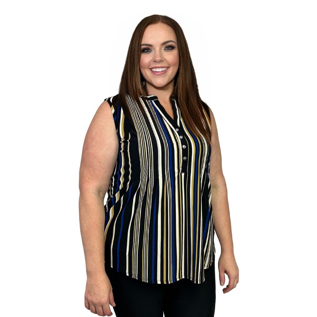 Cocomo Cobolt and Tan Sleeveless Blouse - Plus - Tuesday Morning - Shirts & Blouses