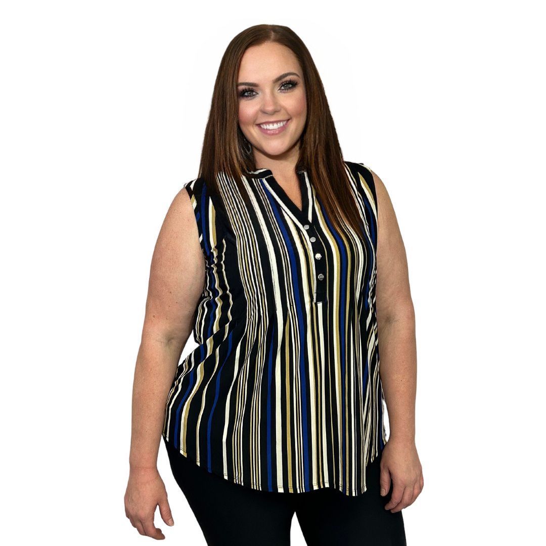 Cocomo Cobolt and Tan Sleeveless Blouse - Plus - Tuesday Morning - Shirts & Blouses