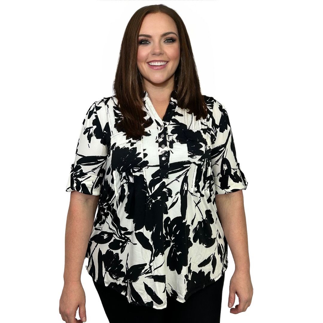 Cocomo Ivory and Black Popover with Pleats - Plus - Tuesday Morning - Shirts & Blouses