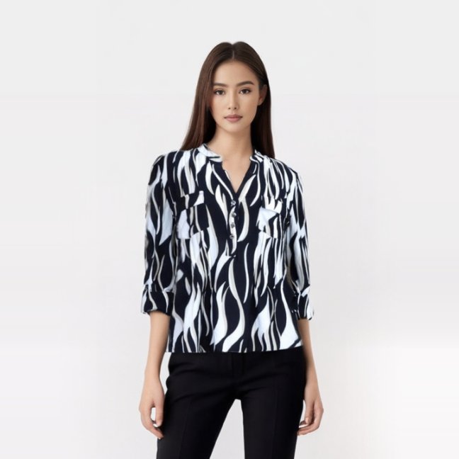 Cocomo White and Black Popover with Pleats - Tuesday Morning - Shirts & Blouses