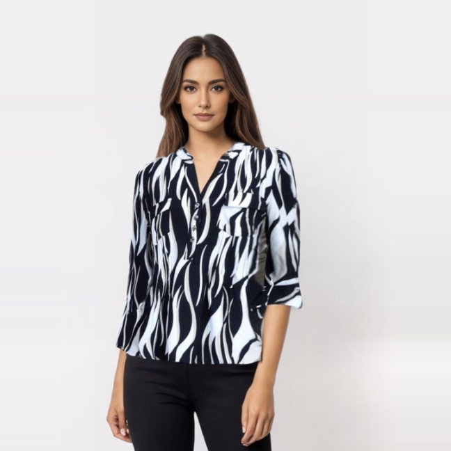 Cocomo White and Black Popover with Pleats - Tuesday Morning - Shirts & Blouses