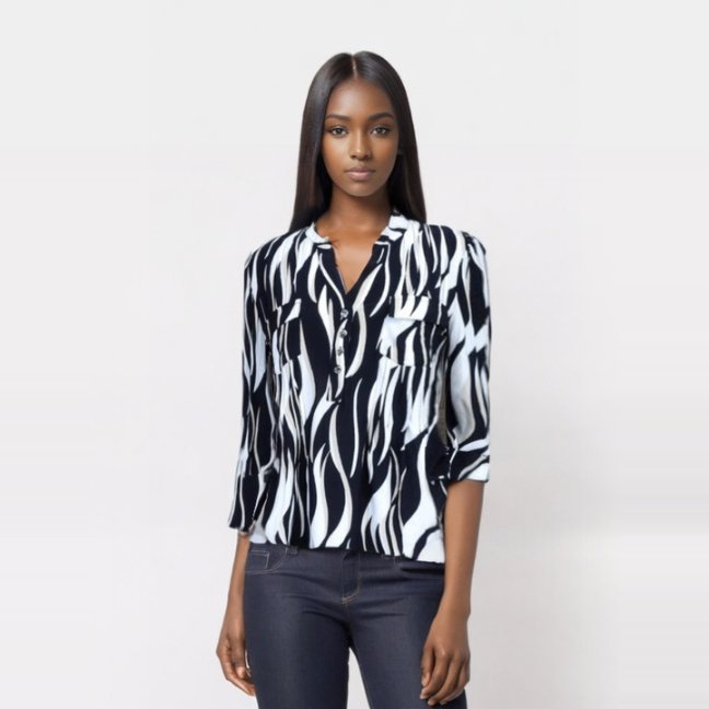 Cocomo White and Black Popover with Pleats - Tuesday Morning - Shirts & Blouses