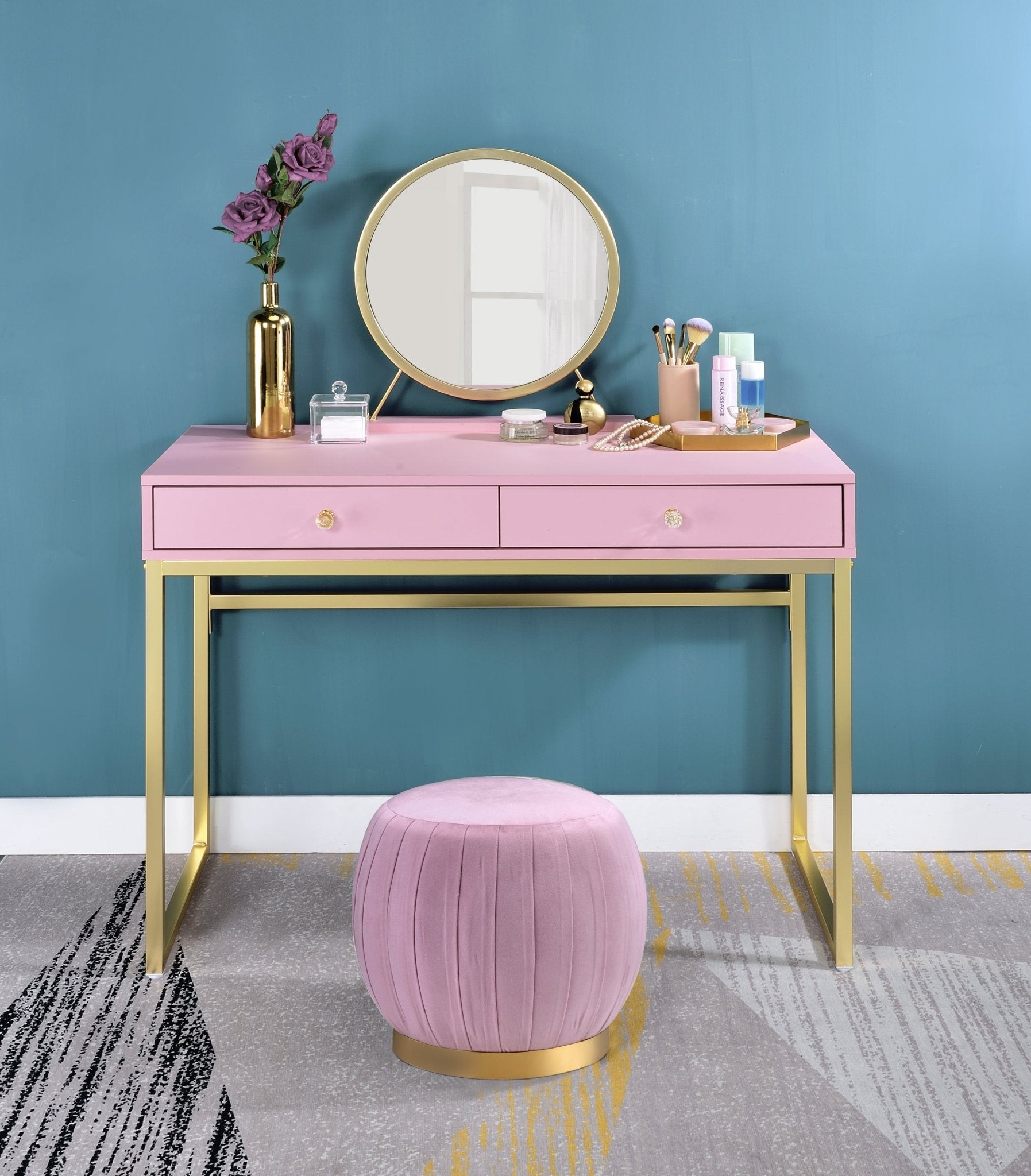 Coleen Vanity Desk w/Mirror & Jewelry Tray in Pink & Gold Finish - Tuesday Morning - Vanity Tables