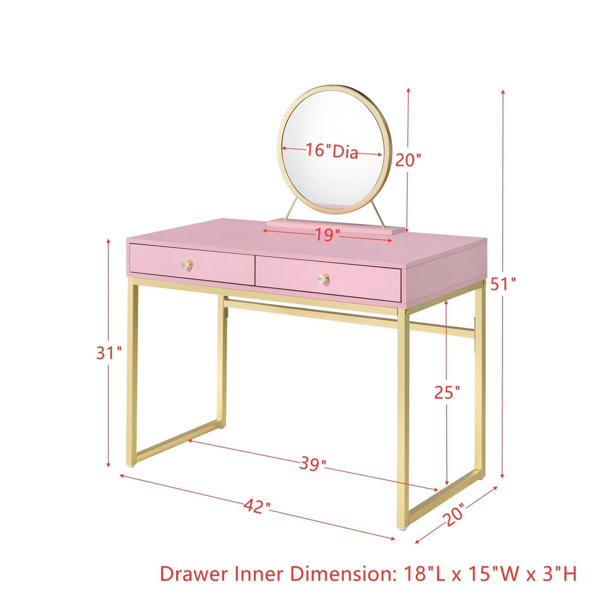 Coleen Vanity Desk w/Mirror & Jewelry Tray in Pink & Gold Finish - Tuesday Morning - Vanity Tables