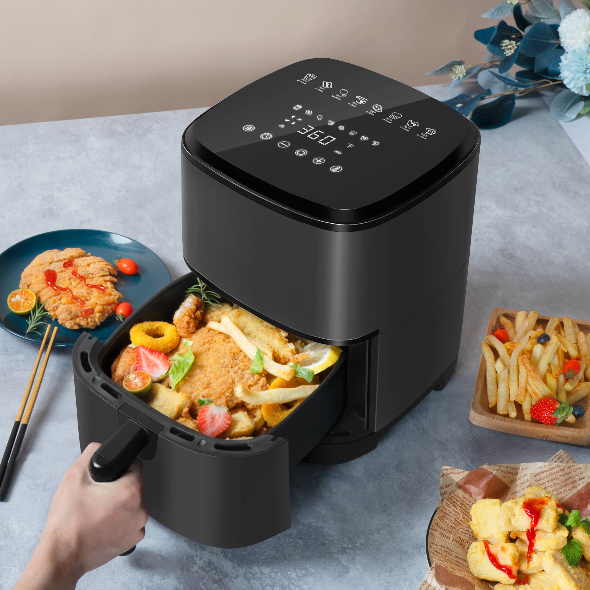 Air-Fryer-Oven-4-Qt,-Space-saving-&-Low-noise,-Nonstick-and-Dishwasher-Safe-Basket,-8-In-App-Recipes,-Gray-kitchen-appliance