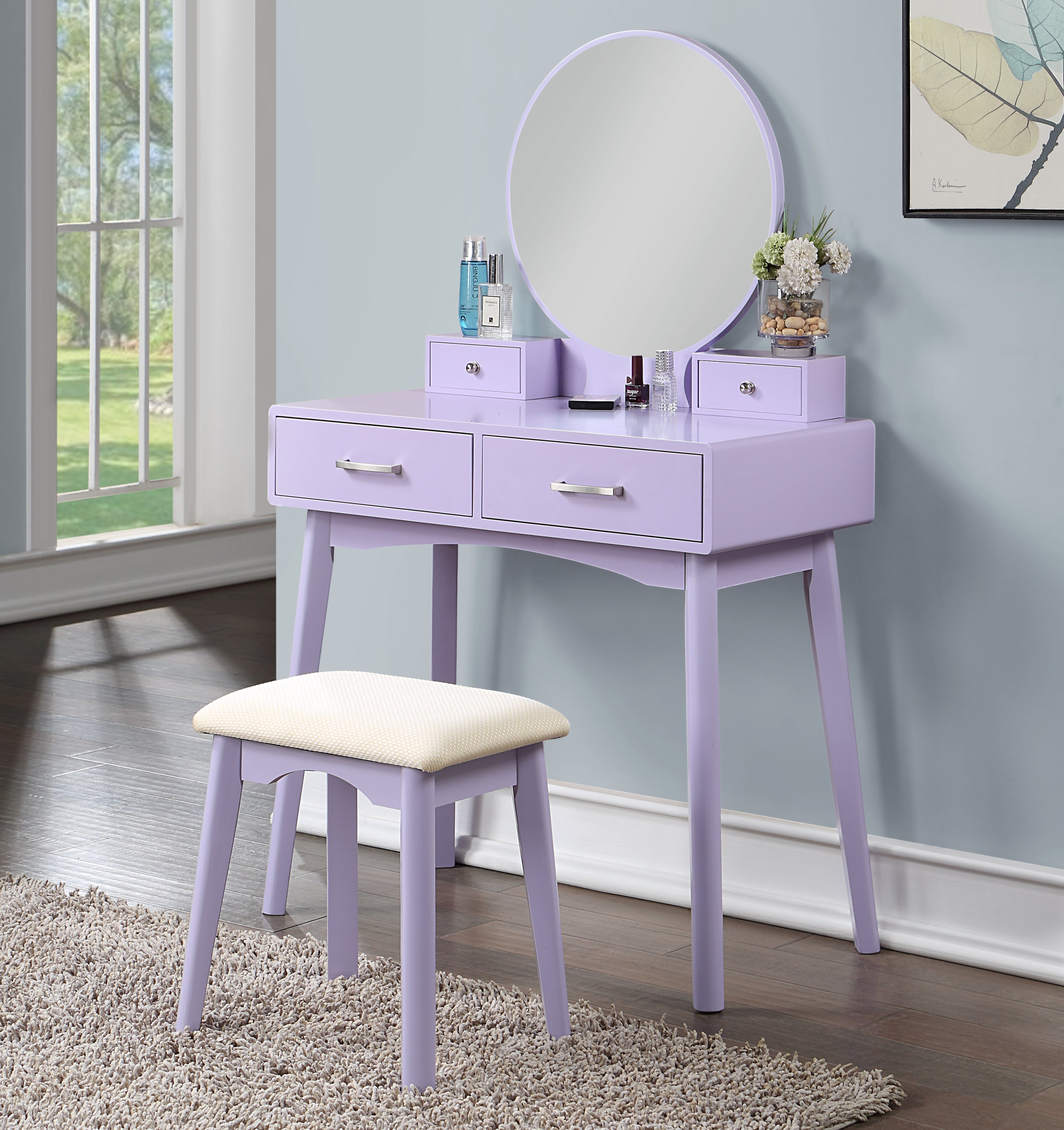 Liannon-Contemporary-Wood-Vanity-and-Stool-Set,-Purple-