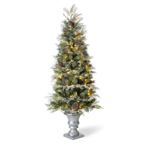 Glitzhome 5ft Pre-Lit Flocked Pine Artificial Christmas Porch Tree with Warm White Lights