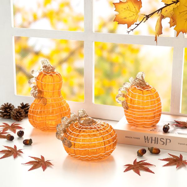 Set of 3 Hand Blown Art Glass Pumpkins for Fall Thanksgiving Table Centerpiece Decor