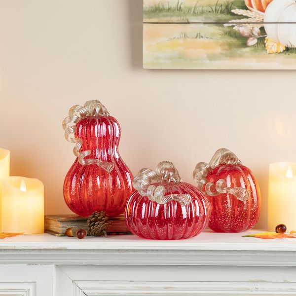 Set of 3 Hand Blown Art Glass Pumpkins for Fall Thanksgiving Table Centerpiece Decor