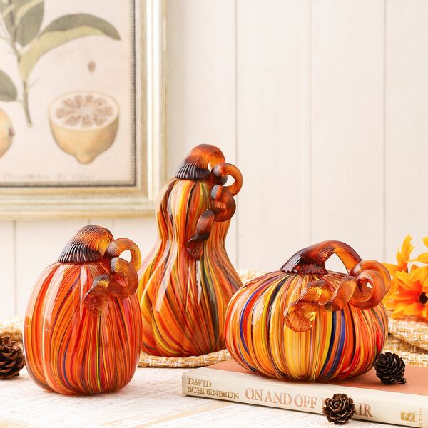 Set of 3 Hand Blown Art Glass Pumpkins for Fall Thanksgiving Table Centerpiece Decor