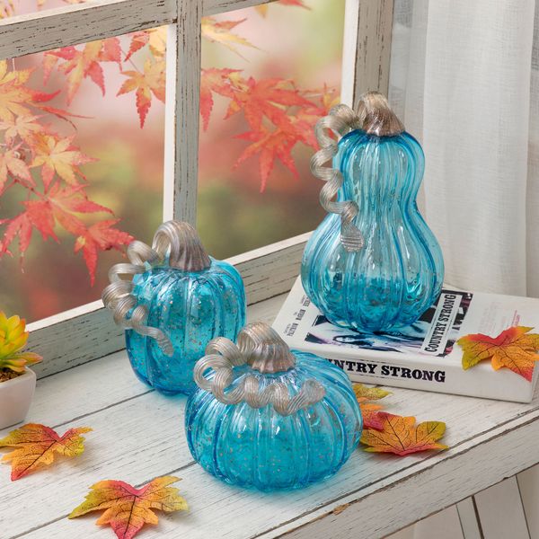 Set of 3 Hand Blown Art Glass Pumpkins for Fall Thanksgiving Table Centerpiece Decor