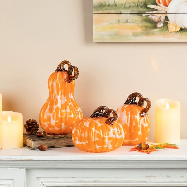 Set of 3 Hand Blown Art Glass Pumpkins for Fall Thanksgiving Table Centerpiece Decor