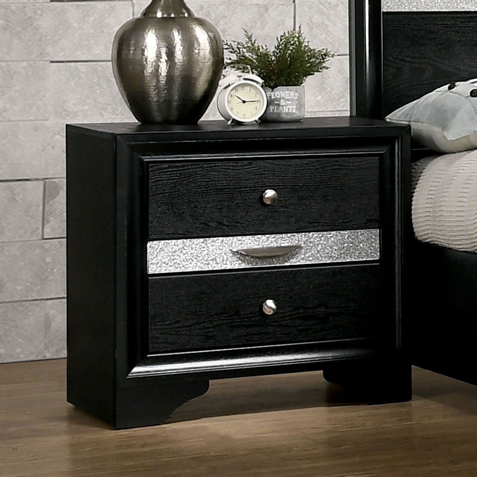 Nightstand-Black-Finish-Silver-Accents-Hidden-Jewelry-Drawer-Nickel-Round-Knob-Bedside-Table-Bedroom-Furniture-End-&-Side-Tables