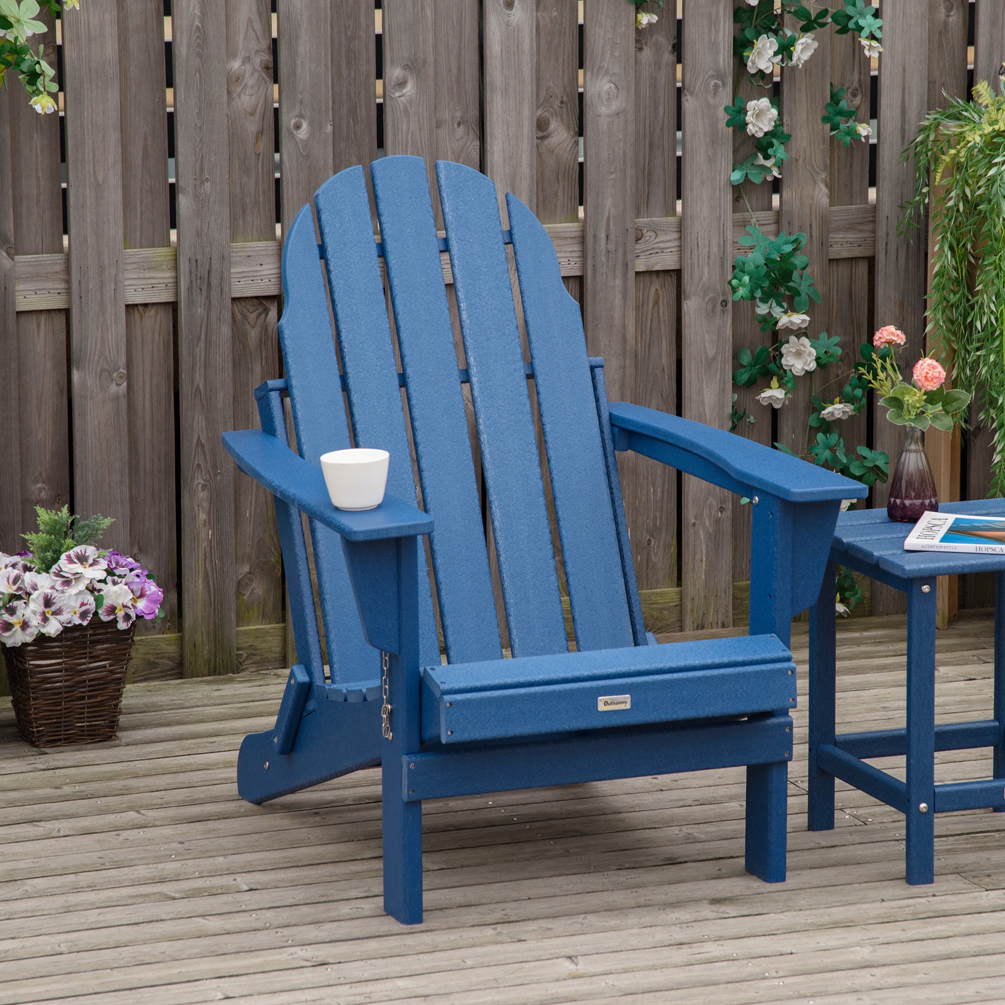 Folding Adirondack Chair, Faux Wood Chair, Weather Resistant HDPE , Bl