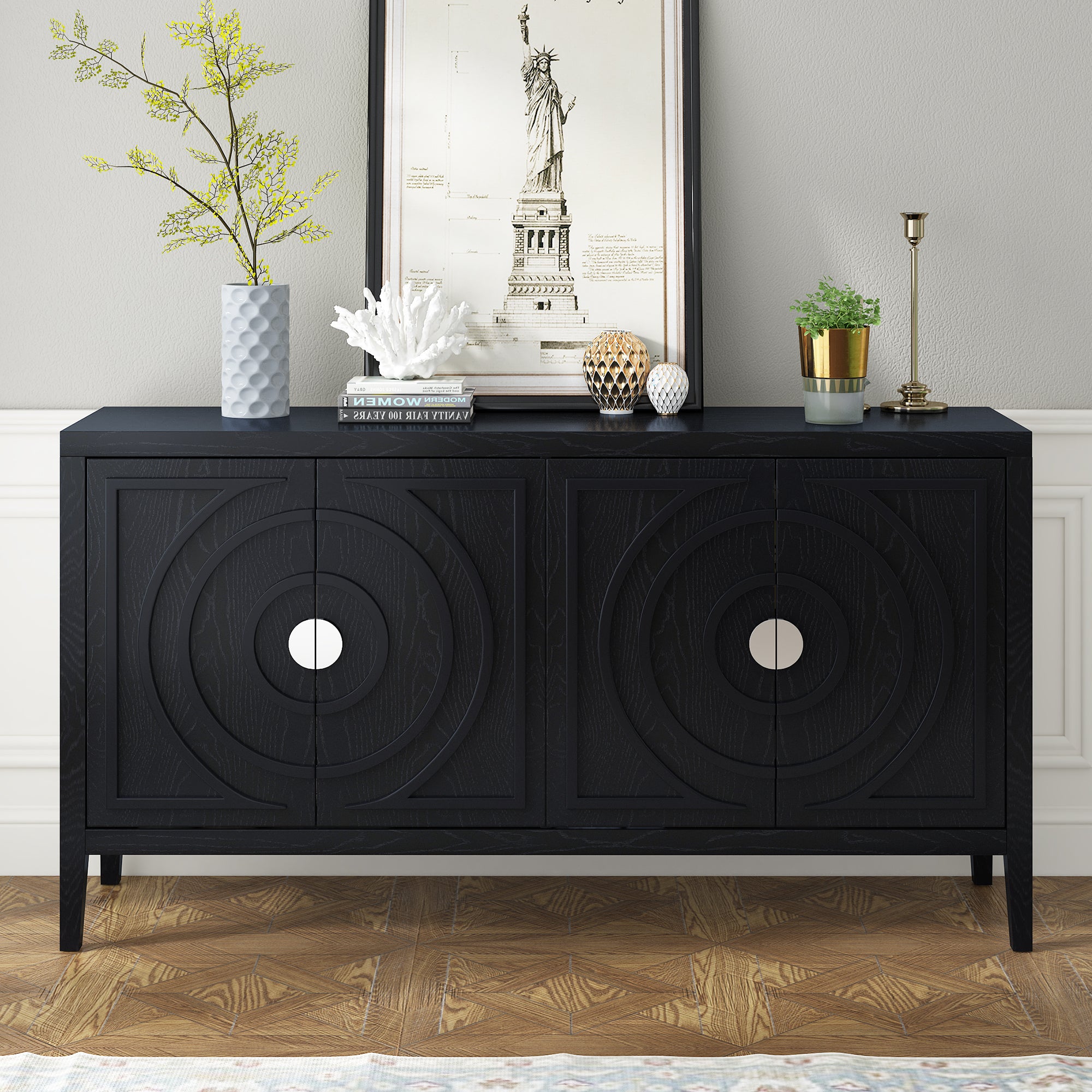 Retro Sideboard door with Circular Groove Design Round Metal Door Handle for Entrance (Black)