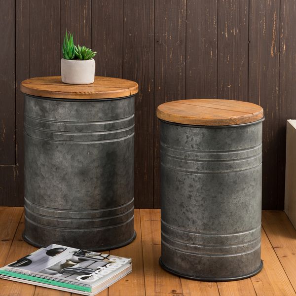 Set of 2 Rustic Storage Ottoman Seat Stool, Farmhouse End Table/ Side Table/Accent Table