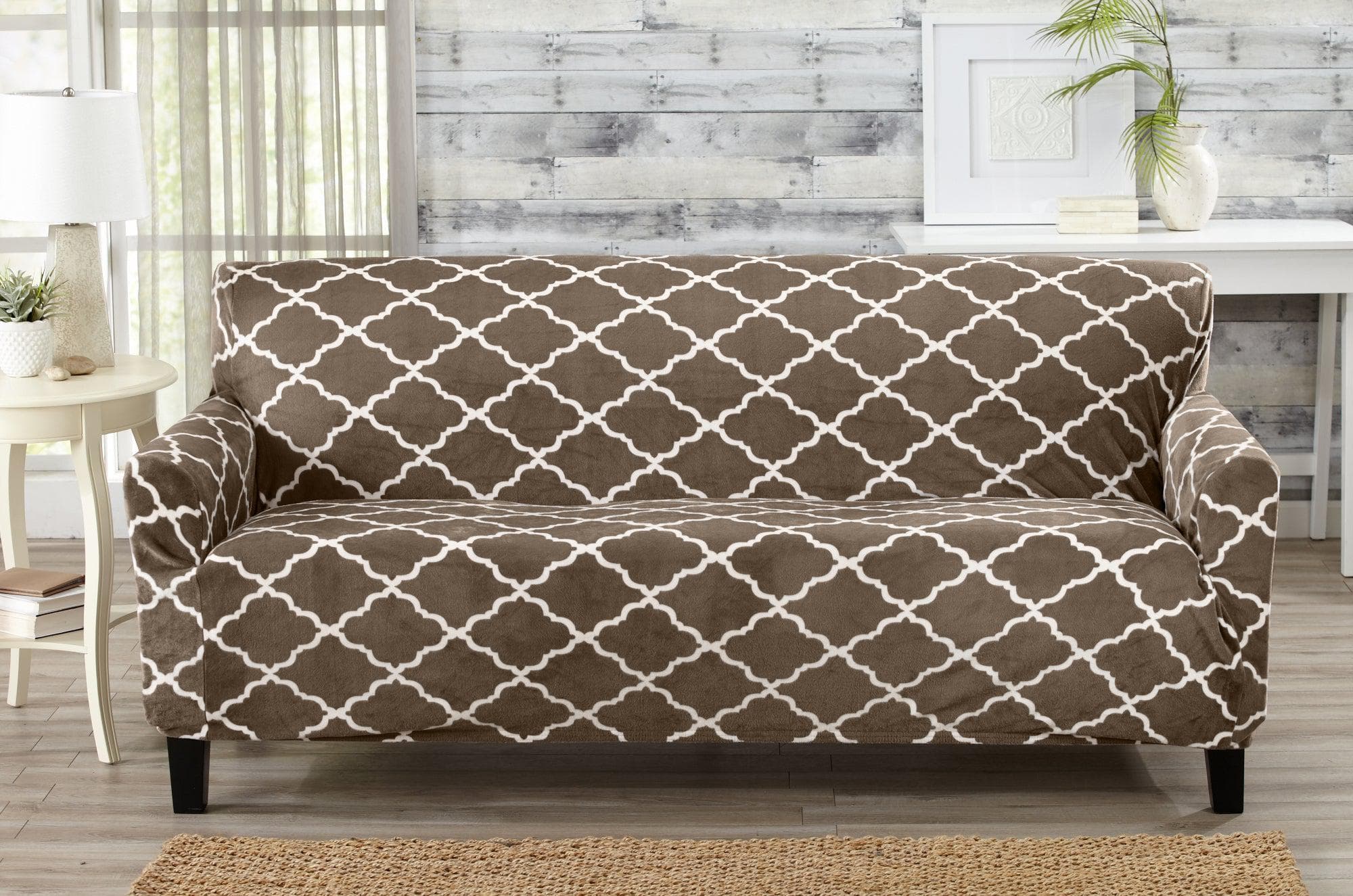 Great Bay Home Slipcovers Sofa / Lattice - Walnut Brown Velvet Plush Form Fit Stretch Slipcover - Magnolia Collection Velvet Plush Stretch Slipcover | Magnolia Collection by Great Bay Home