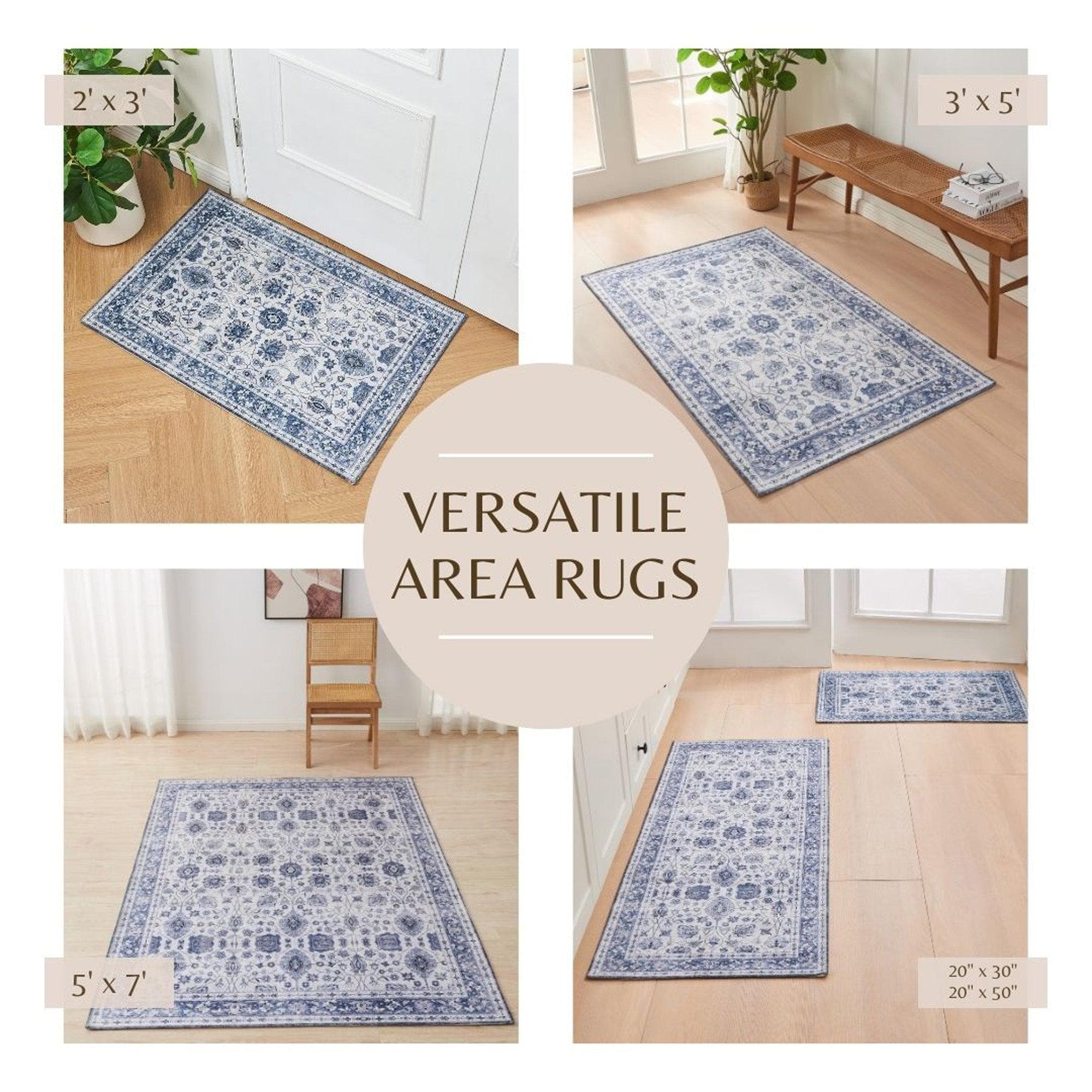 greatbayhome Rugs 5’ x 7’ / Blue Floral Machine Washable Accent Area Rug & Runner - Matra Collection Floral Washable Accent Area Rug 5' x7' | Matra Collection 