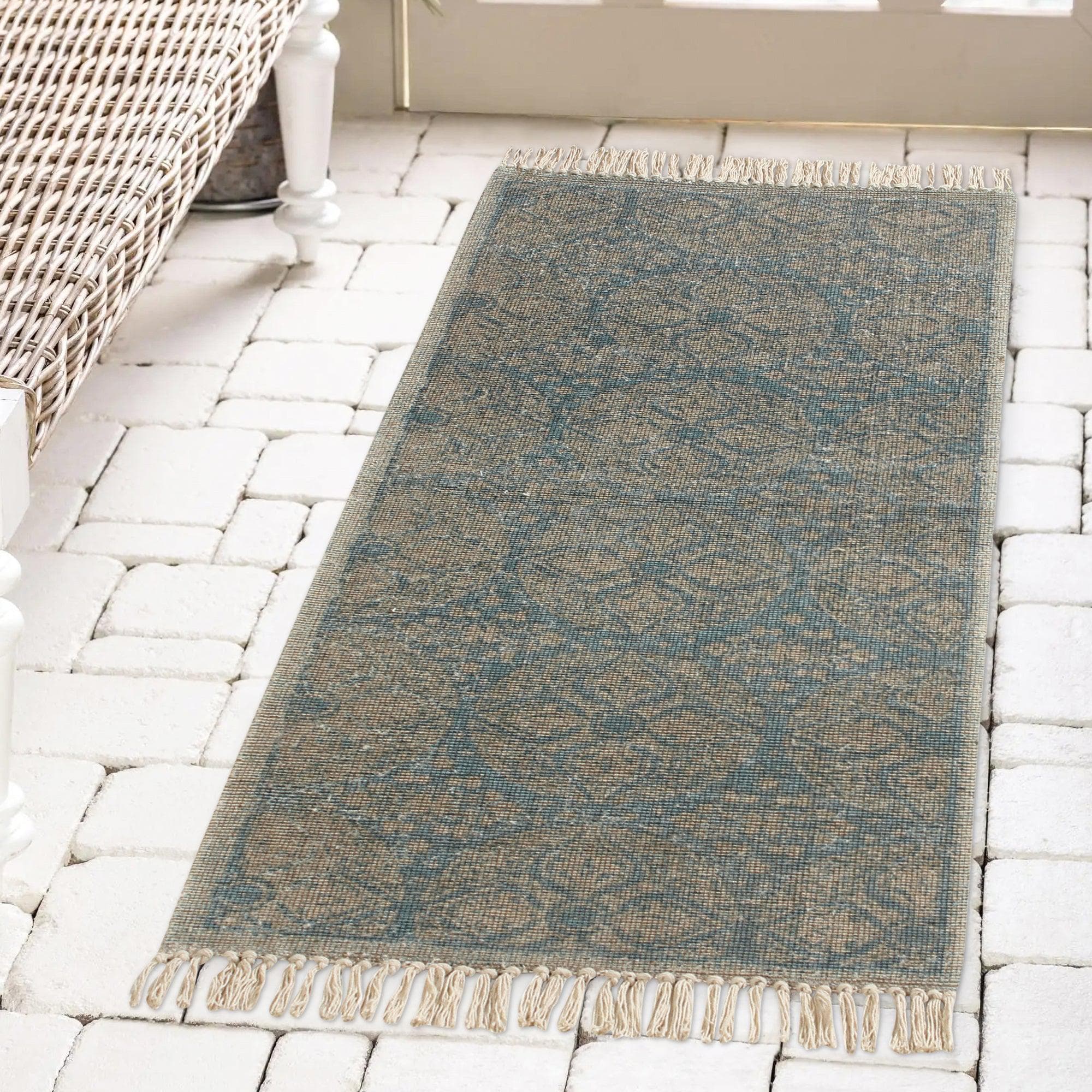 Patina Vie Maison Rugs 2' x 5' / Blue Geometric Hand Tufted Boho Accent Rug with Tassels