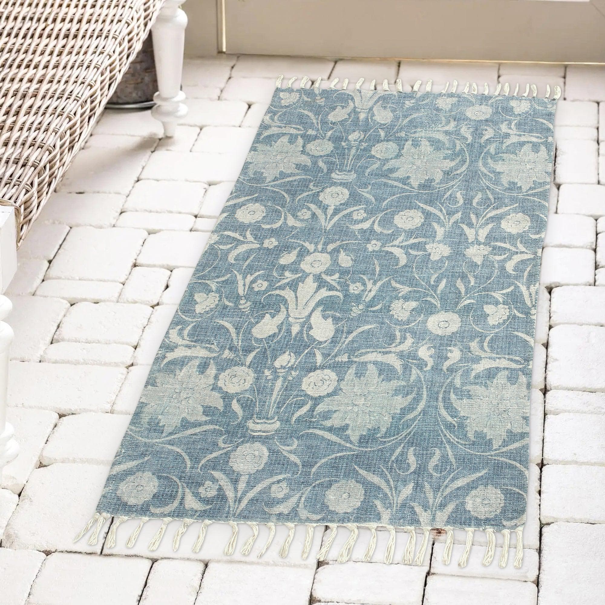 Patina Vie Maison Rugs 2' x 5' / Navy Floral Hand Tufted Boho Accent Rug with Tassels